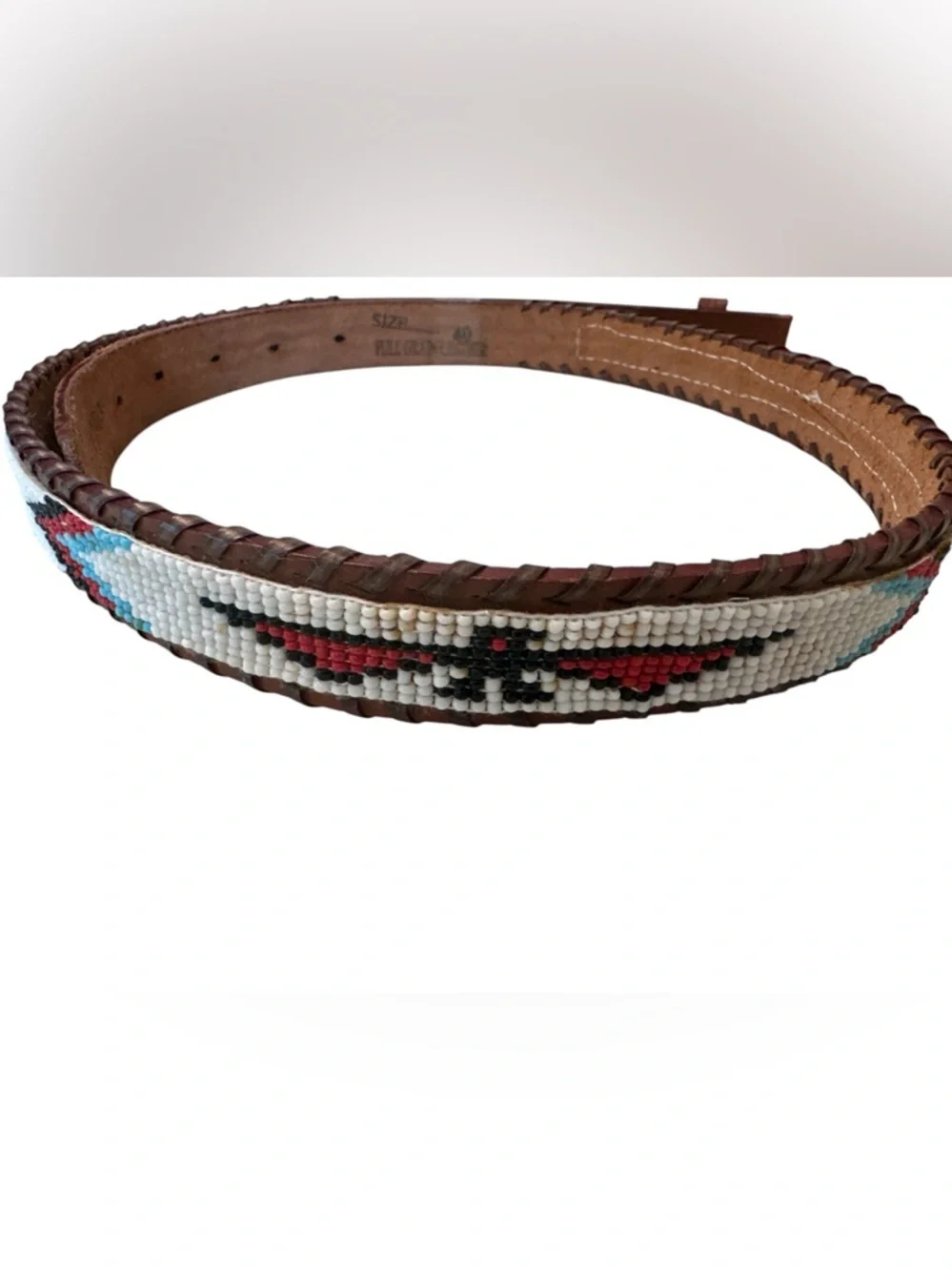 Southwestern Thunderbird Beaded Leather Brown VTG Belt Silver Unisex Sz 40 Aztec